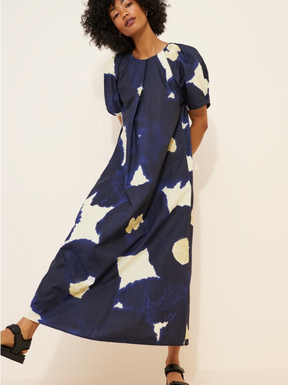 Marimekko Navy Abstract Print Puff-Sleeve Maxi Dress